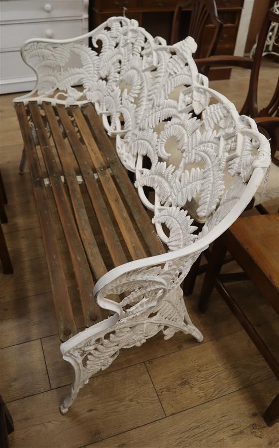 A fern pattern alloy garden bench and pair of chairs bench W.146cm